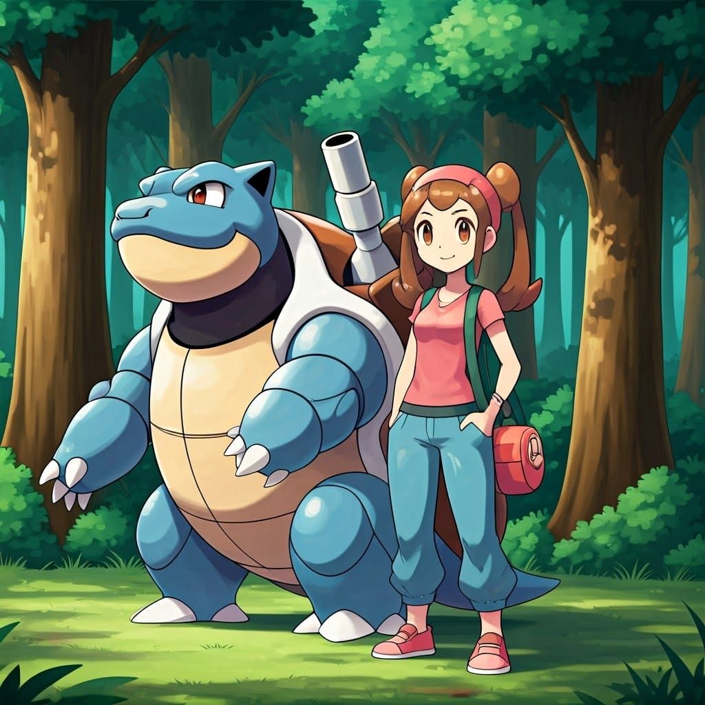 Cleo and Her Majestic Blastoise in a Vibrant Forest