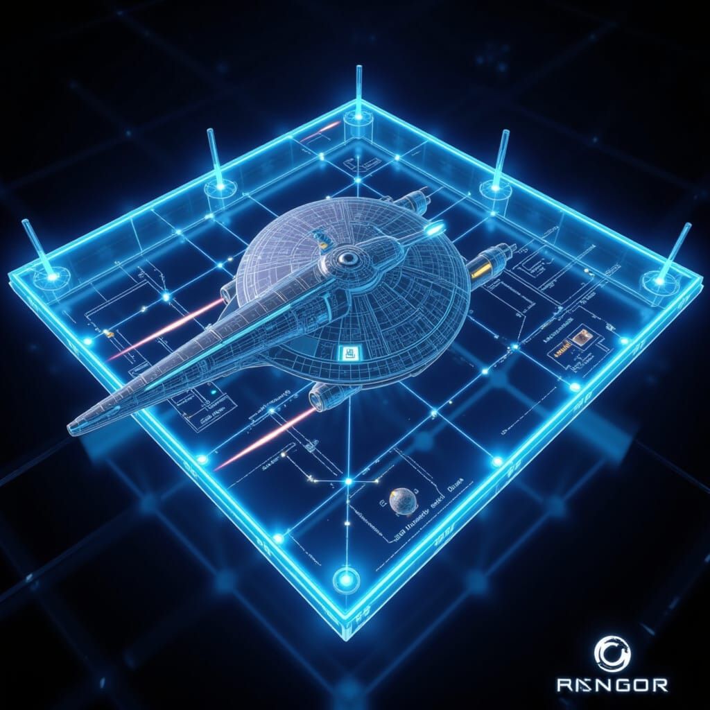 <lora:Holographix:1.0> Holographic Starship, navigating an 3D Holograph asteroid field 3D Holographic Schematic of