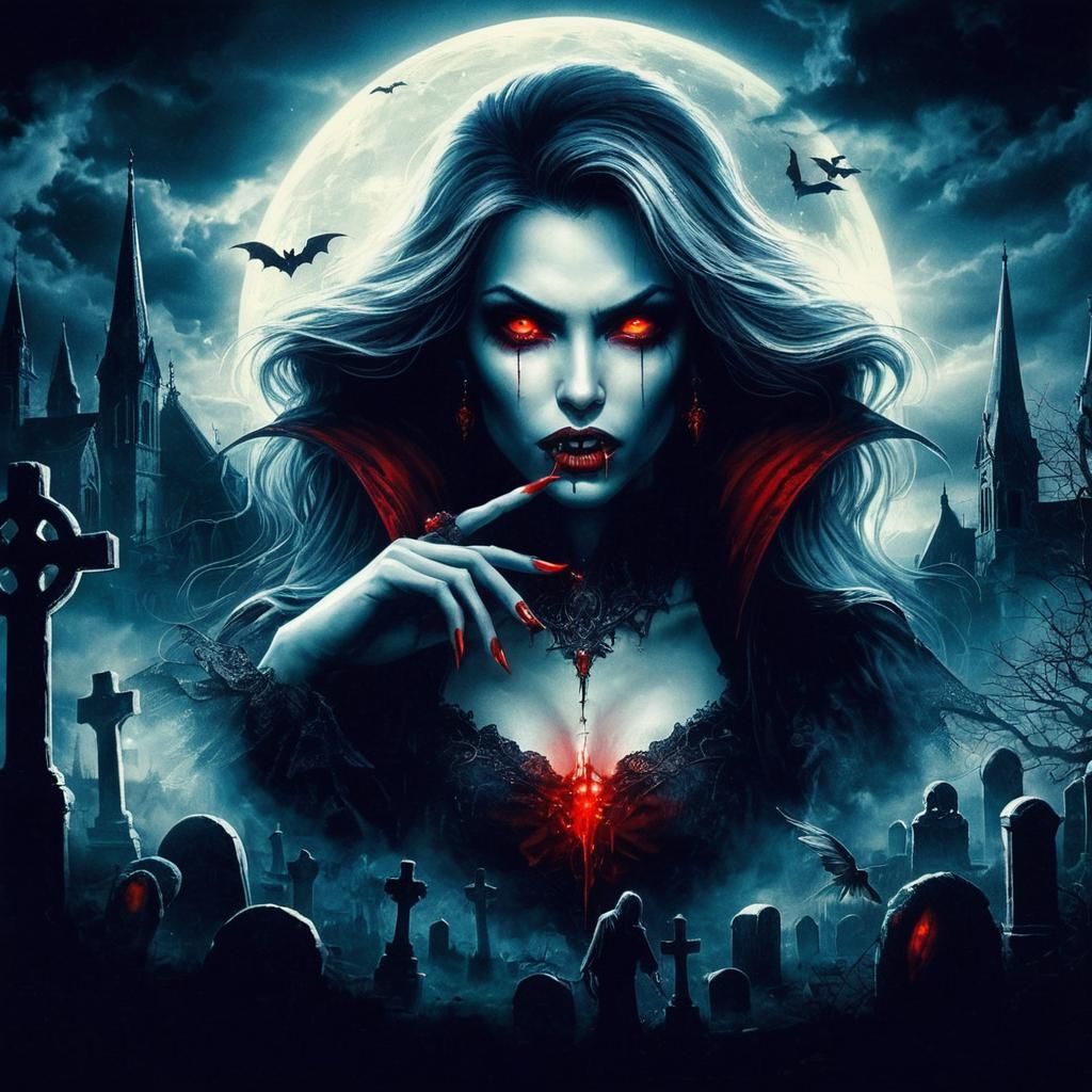 Sensuous Vampire in Gothic Graveyard Horror Artwork