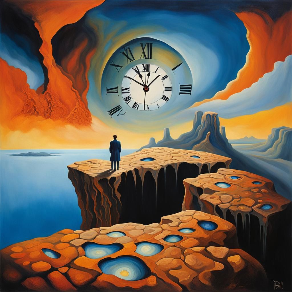 Surreal Figure on Cliff with Melting Clock Mist