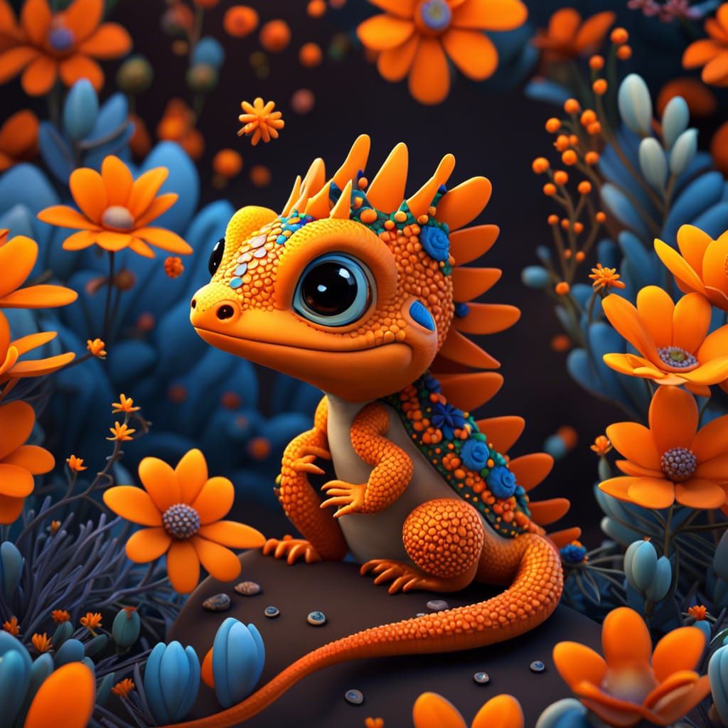 Chibi Lizard in Starry Night: 3D Digital Art