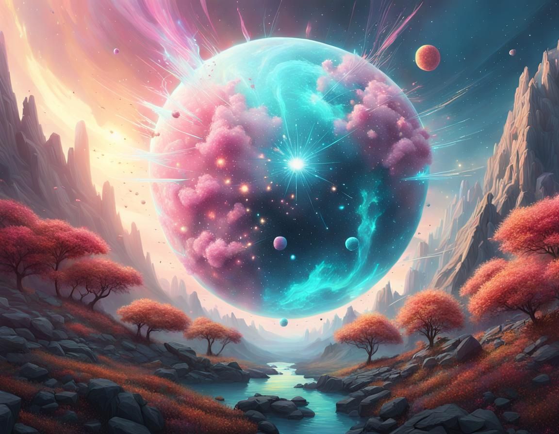Exploding Pastel Planet in Surreal Fantasy Style