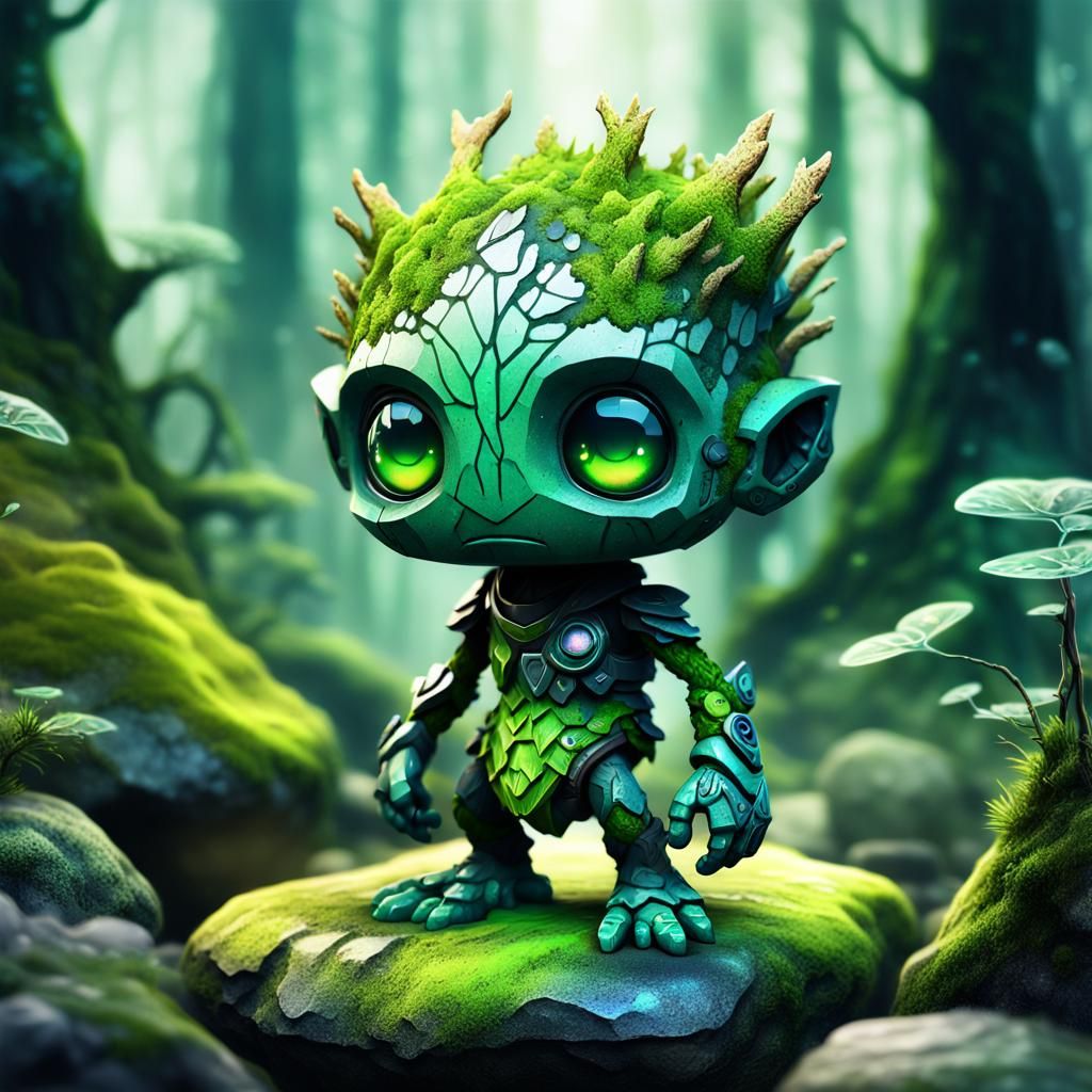 Chibi Mossy Rock Humanoid in Mystical Forest