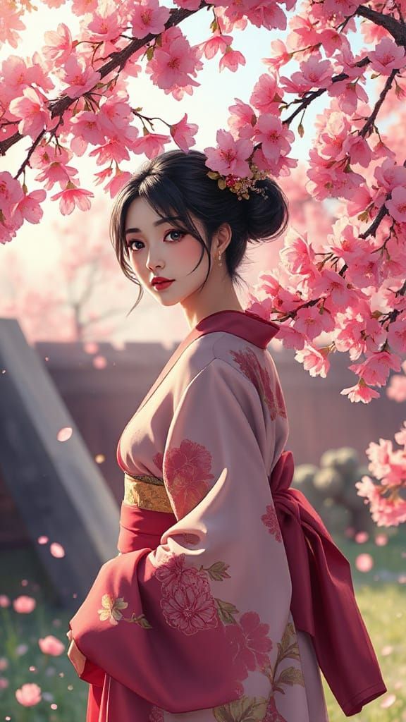Asian Woman Surrounded by Whimsical Cherry Blossoms in Impre...