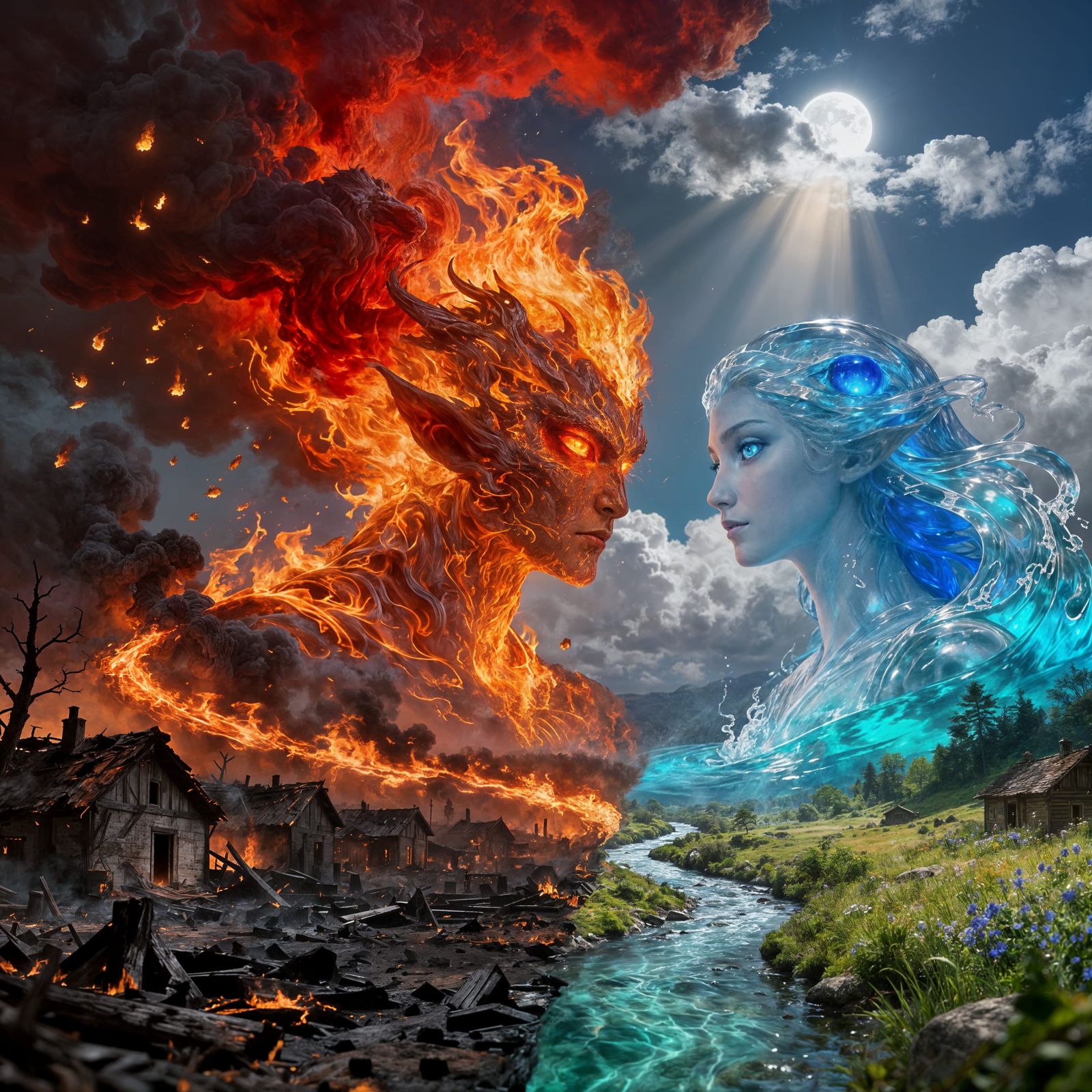 Fire Spirit Confronts Water Spirit in Fantasy Landscape
