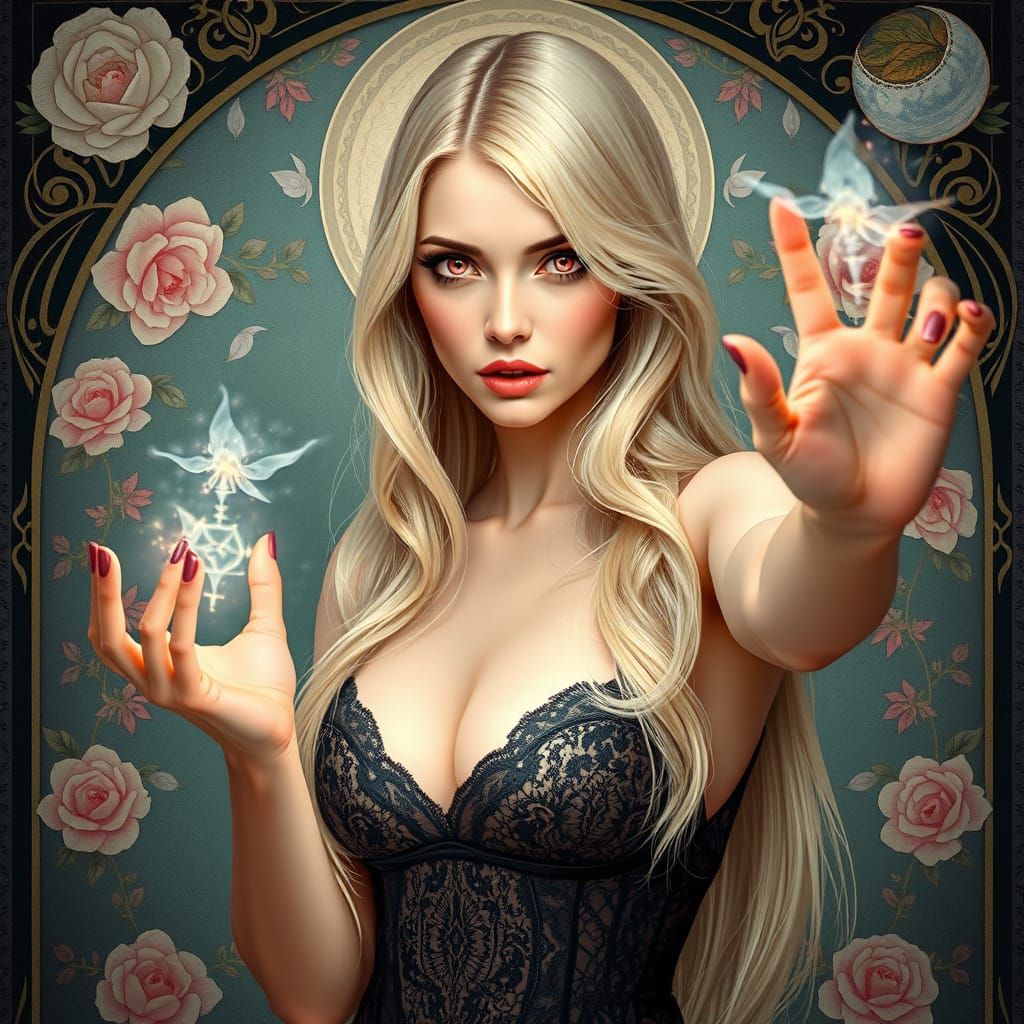 Enchanting Woman Conjuring Magic in Art Nouveau Style
