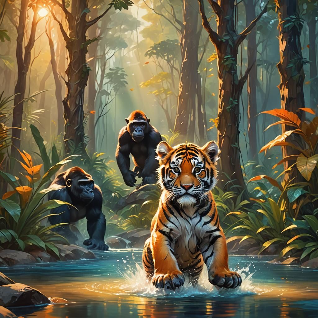 Baby Tiger, Gorilla, and Person in Dreamy Forest