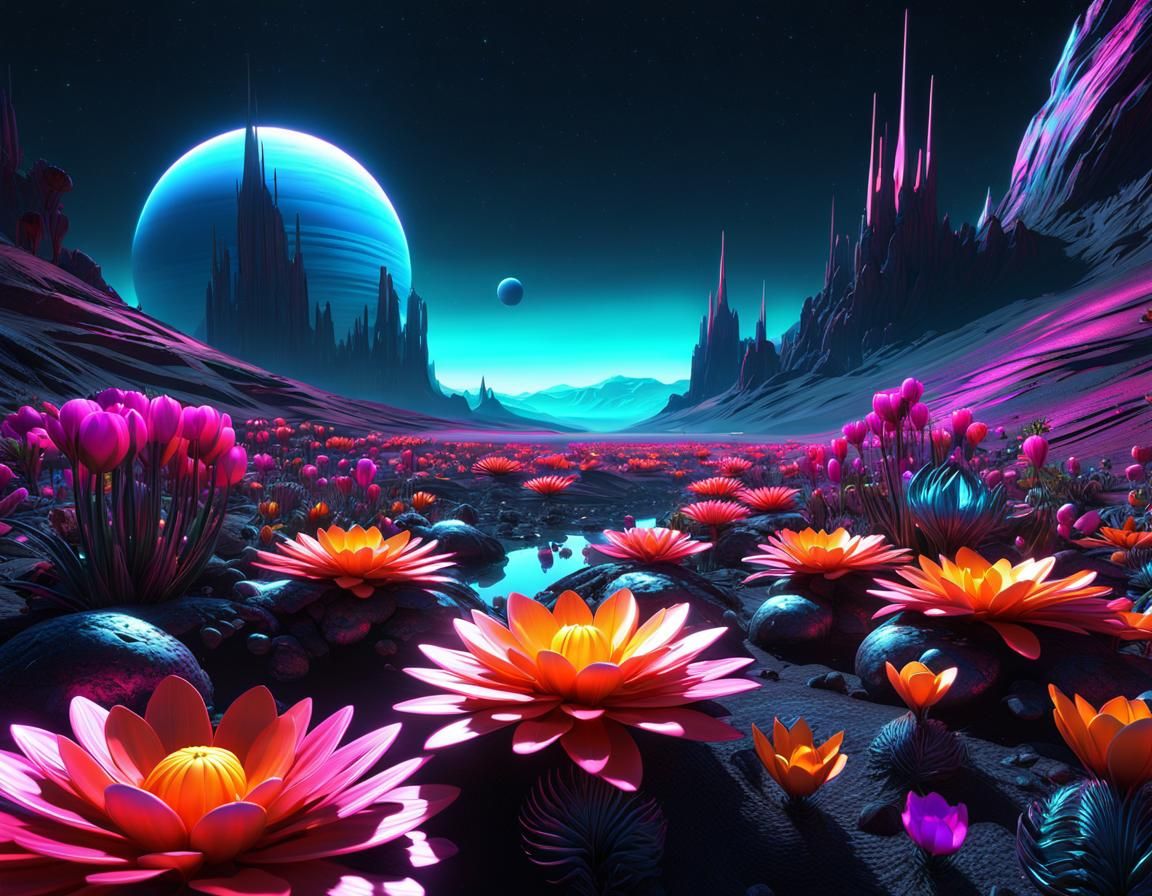 Metallic Neon Flowers on Alien Planet in Surreal Style