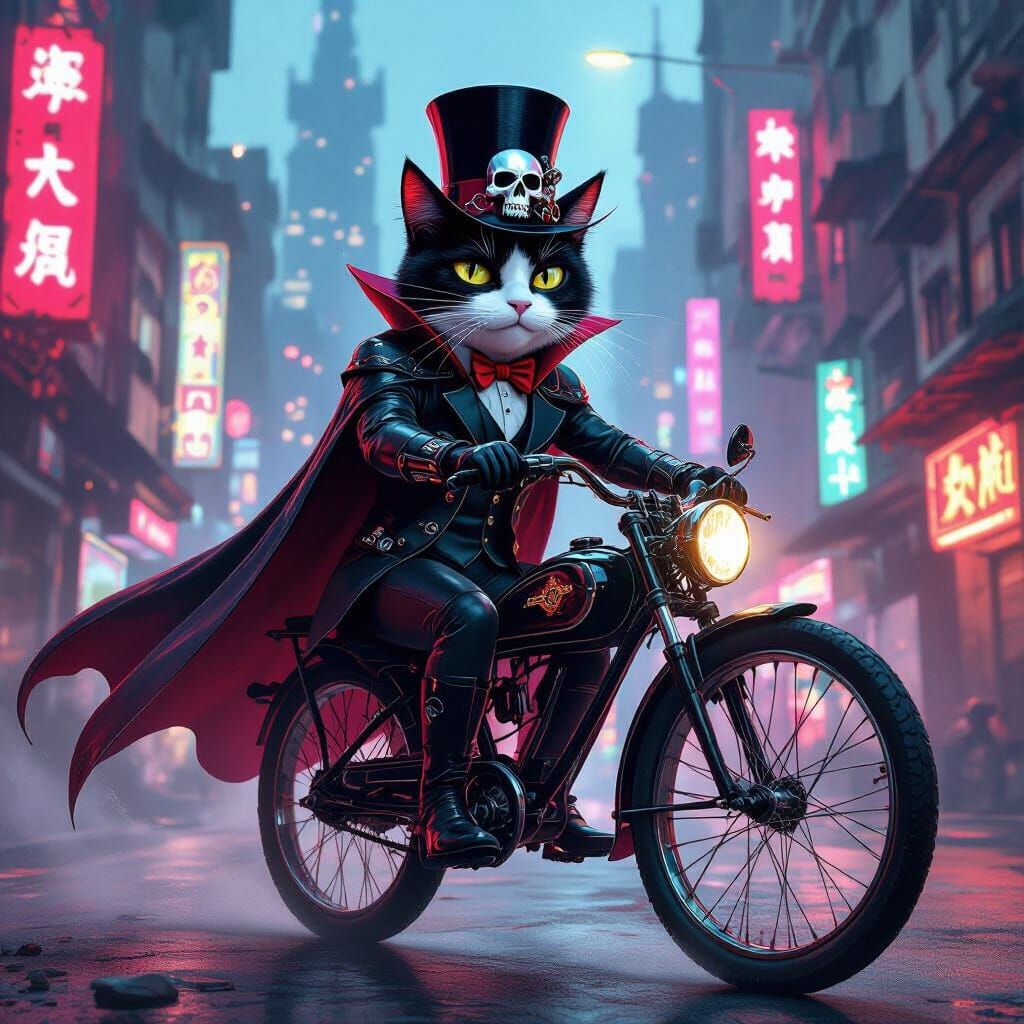 Vampire Cat Rides Cyberpunk Bicycle Through Neon City