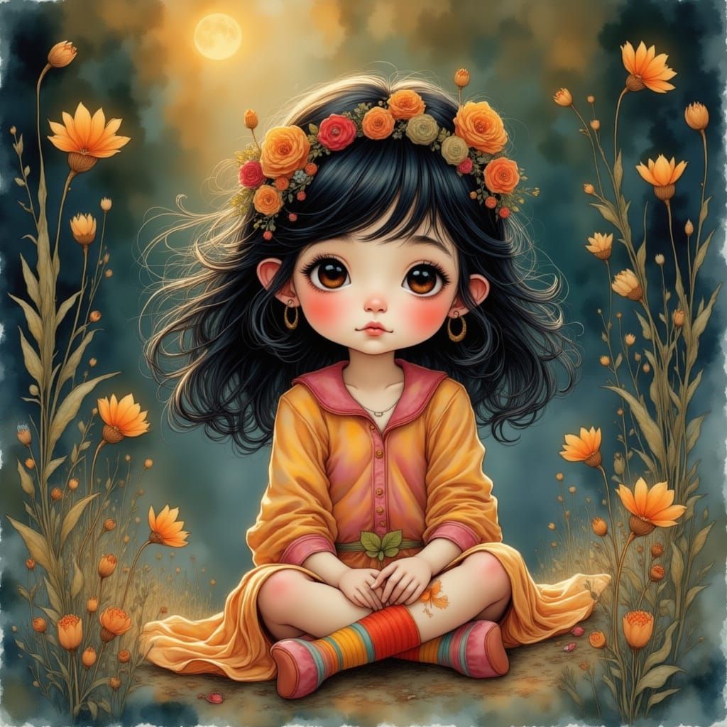 Chibified Girl in Vintage Style, Hand-Drawn Illustration
