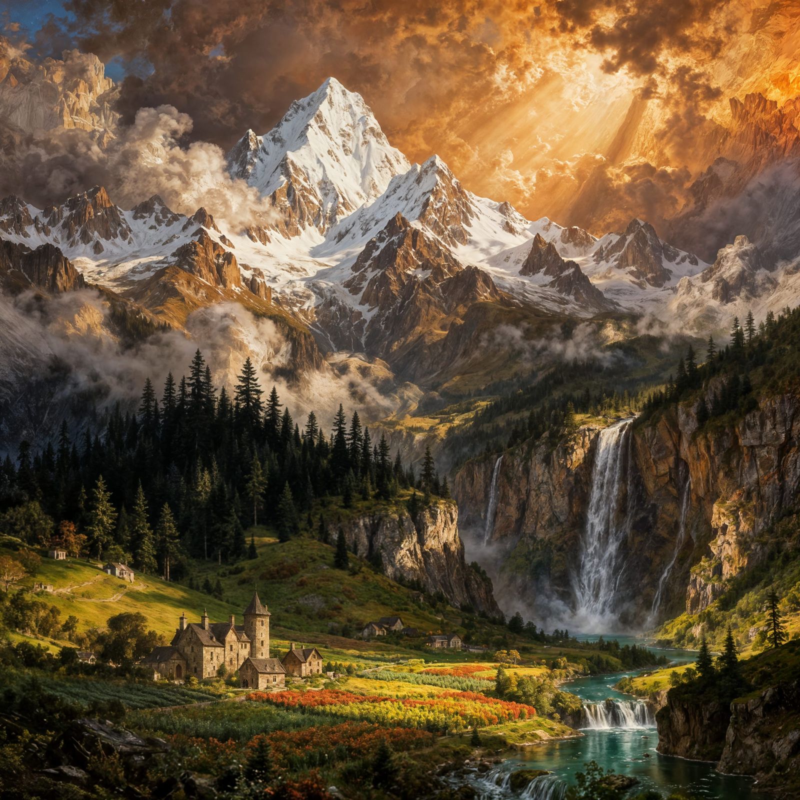 Epic Mountain Landscape in Classical Painting Style