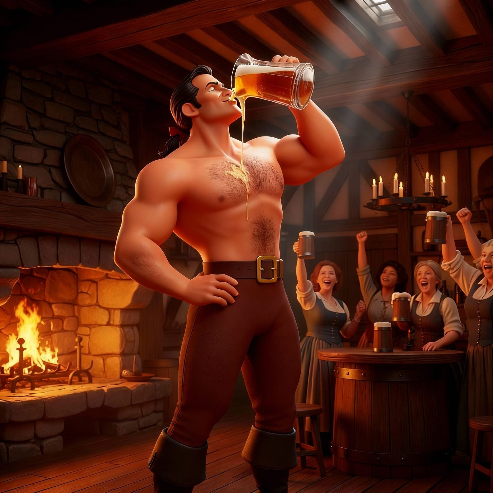 Muscular Gaston Drinks Beer in Medieval Pub Cinematic Style