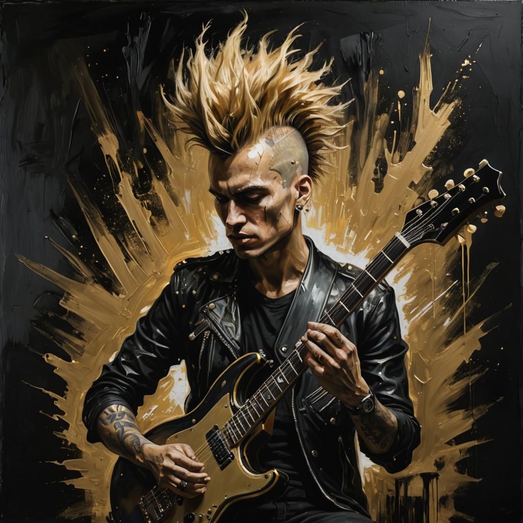 Grunge Punk Guitarist Portrait with Golden Mohawk