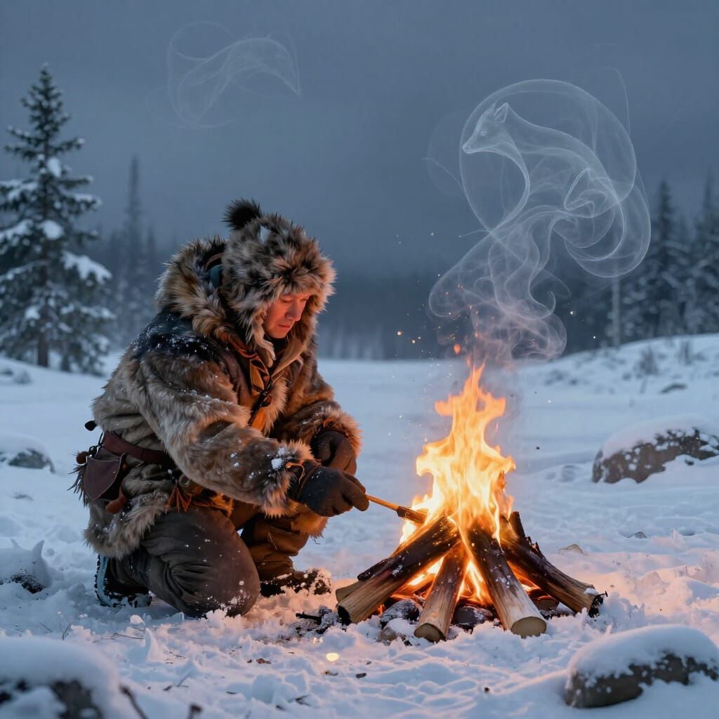 Inuit Hunter Tends Campfire with Ghostly Animals in Smoke
