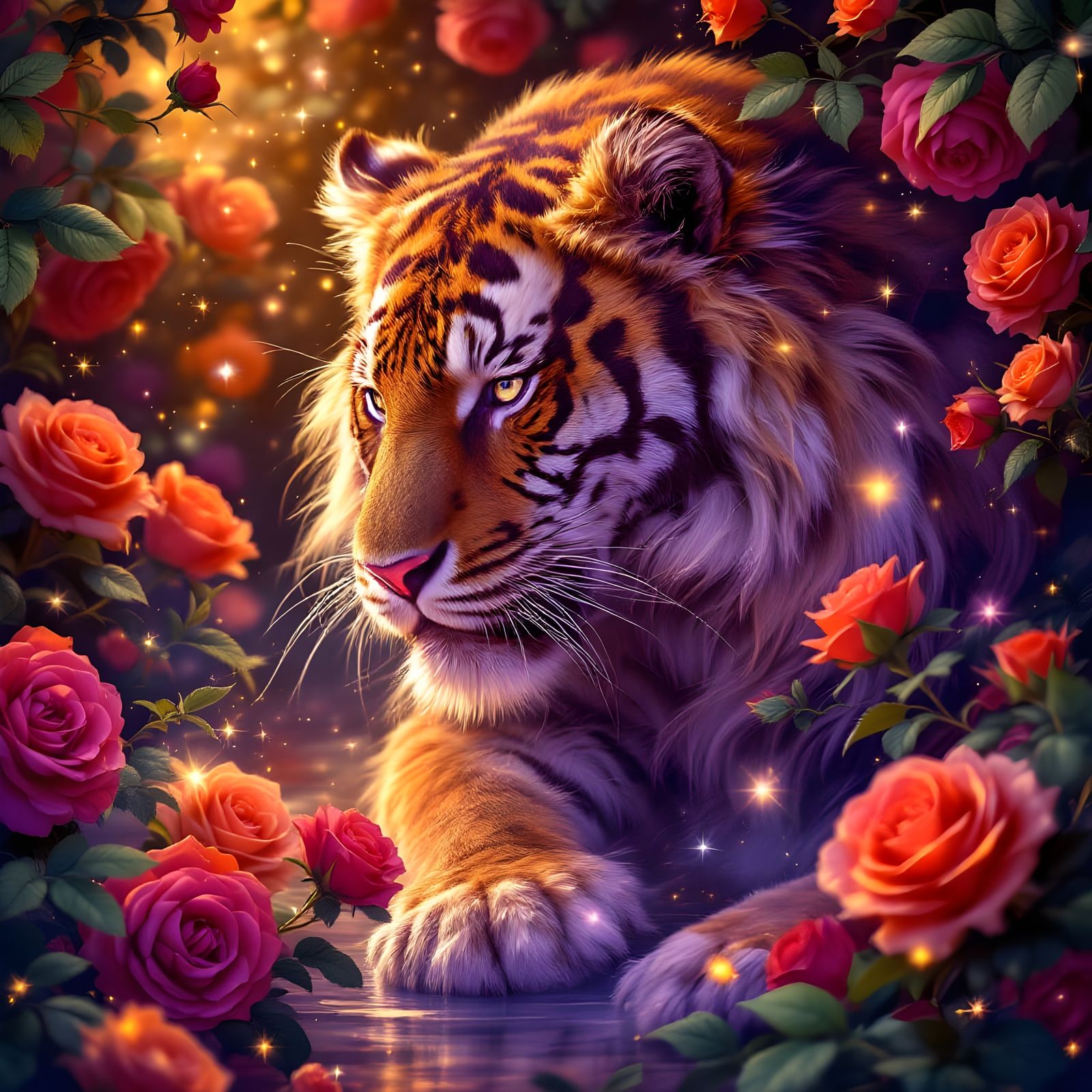 Surreal Tiger Amidst Roses in Triadic Colors