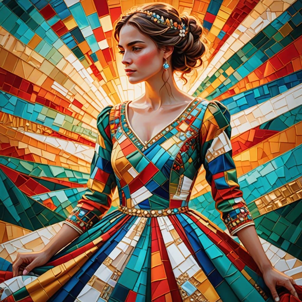 Vibrant Patchwork Art in Impressionist Style with Gold Threa...