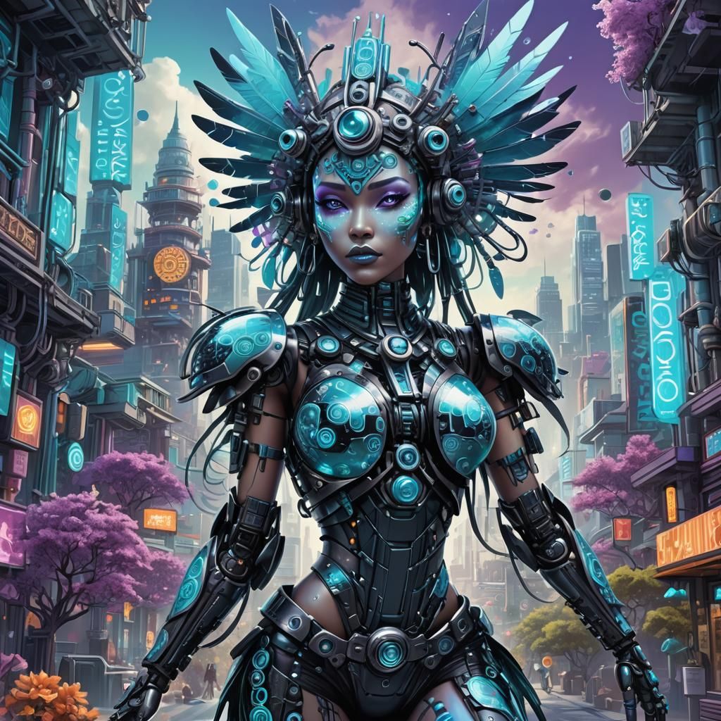 Aztec Robot Girl in Kaleidoscopic Cyberpunk Cityscape