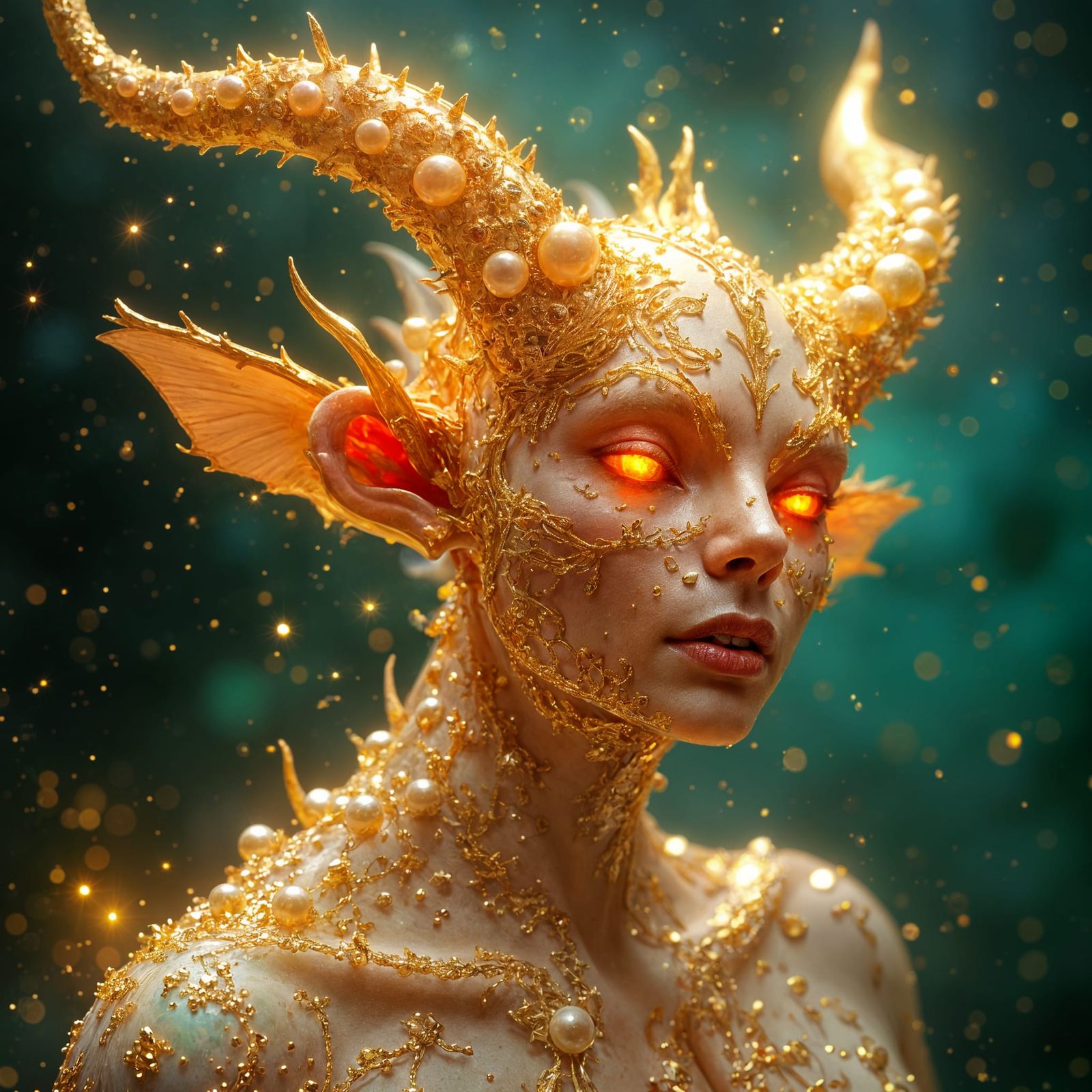 Golden Demon with Pearls and Opal in Vibrant Fantasy Art