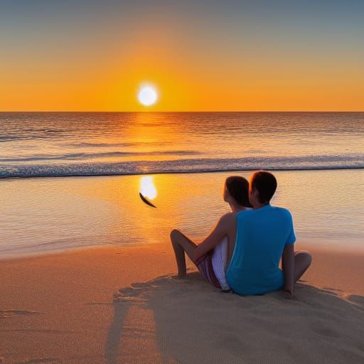 Couple Watch Sunset on Beach in Extreme Realism