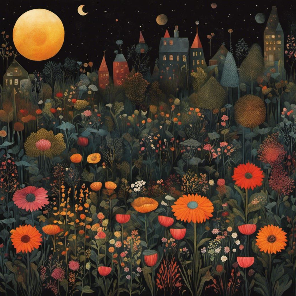 Sunlit Garden Between Dark Houses, Illustrative Style
