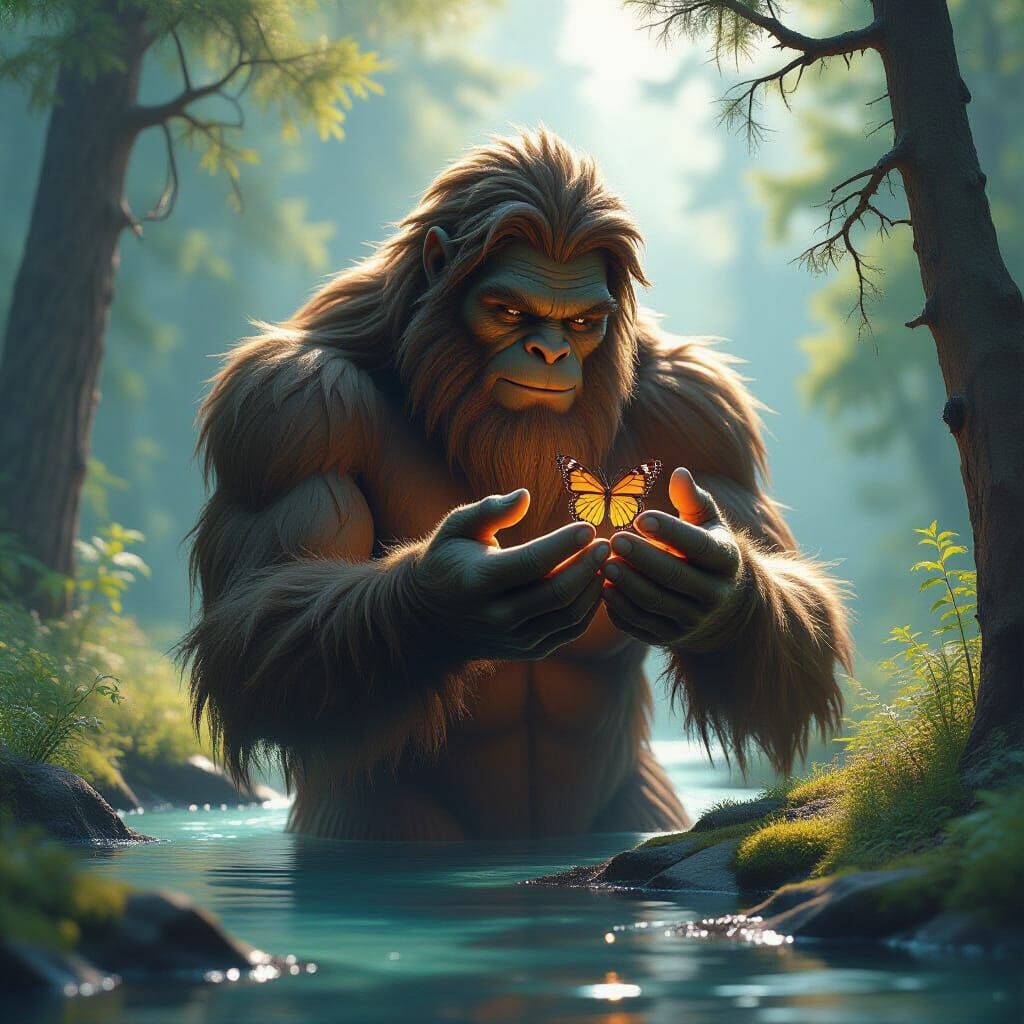 Sasquatch and Butterfly in Hyperrealistic Forest Setting