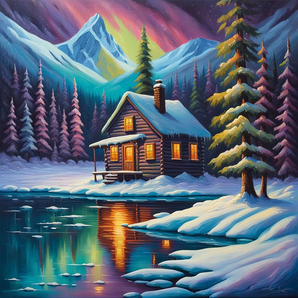 Cabin by Frozen Lake with Northern Lights, Oil Painting