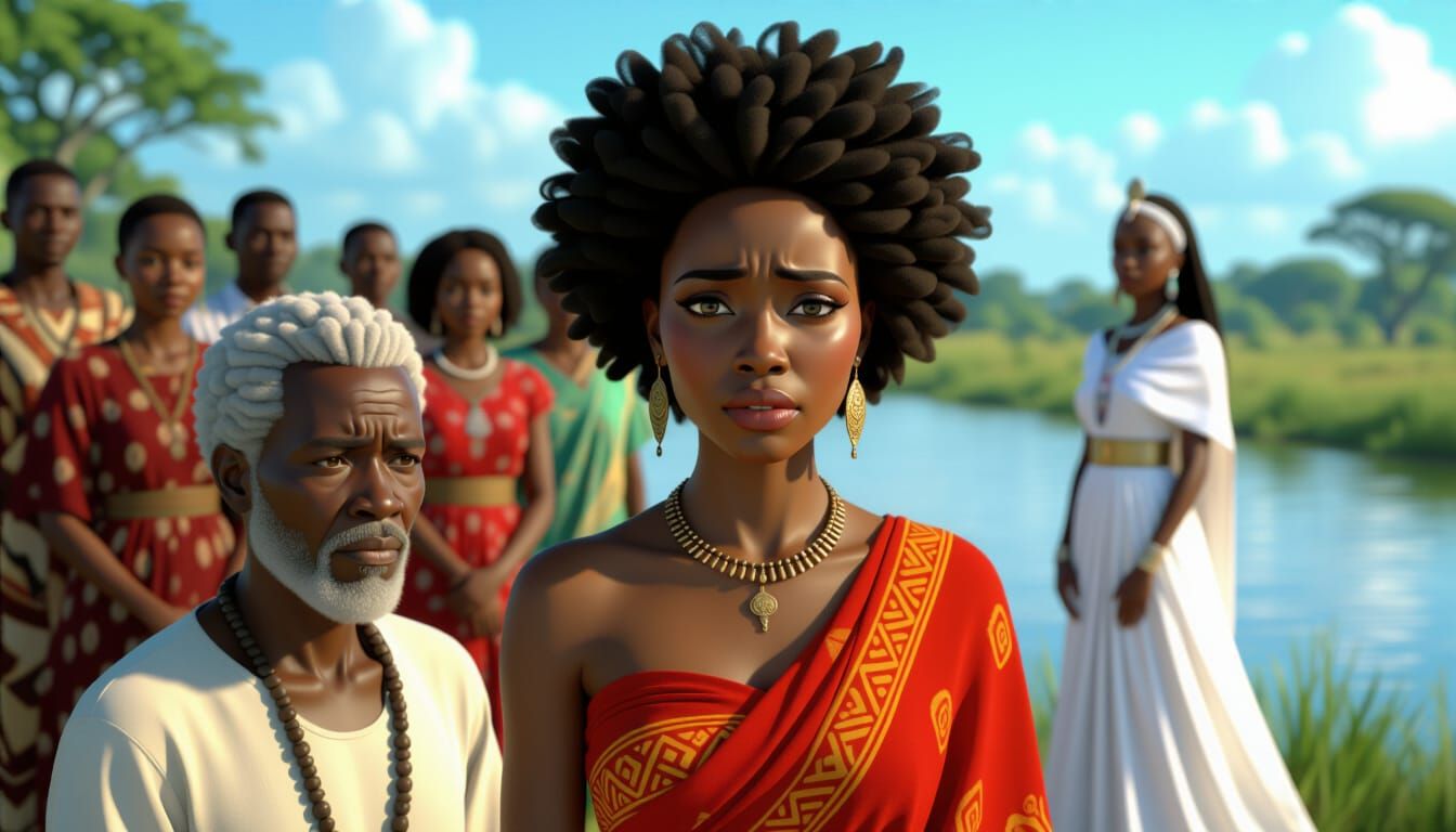 African Family by River in Dramatic Light