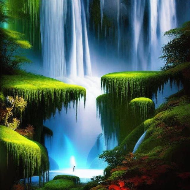 Enchanted Waterfall Portrait in Vibrant Triadic Colors