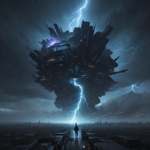 Magnezone in Stormy Cityscape: Concept Art