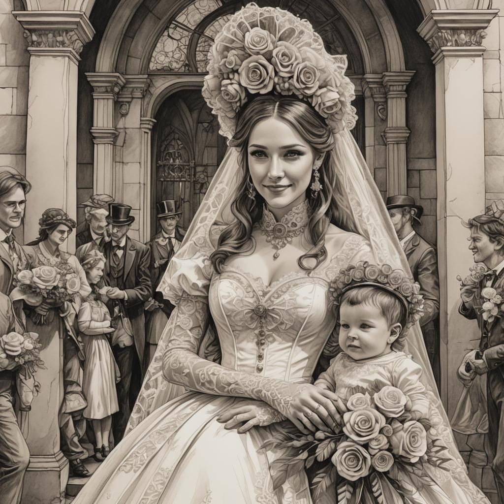 Steampunk Wedding Scene in Detailed Pencil Sketch