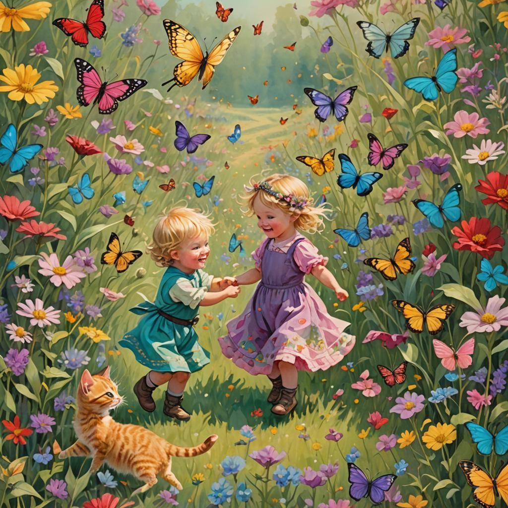Toddler and Fairy Play with Kittens