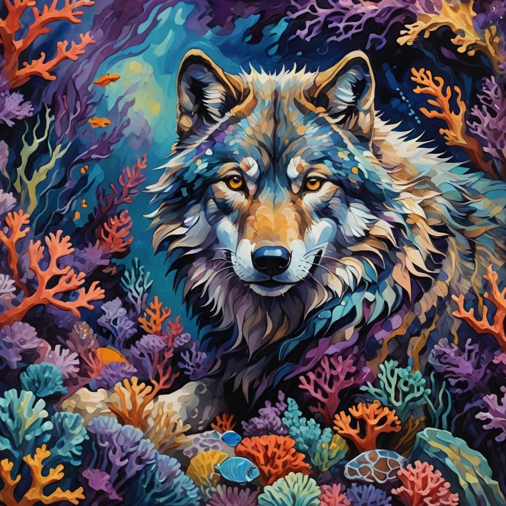 Expressionist Wolf Embraces Ocean Life