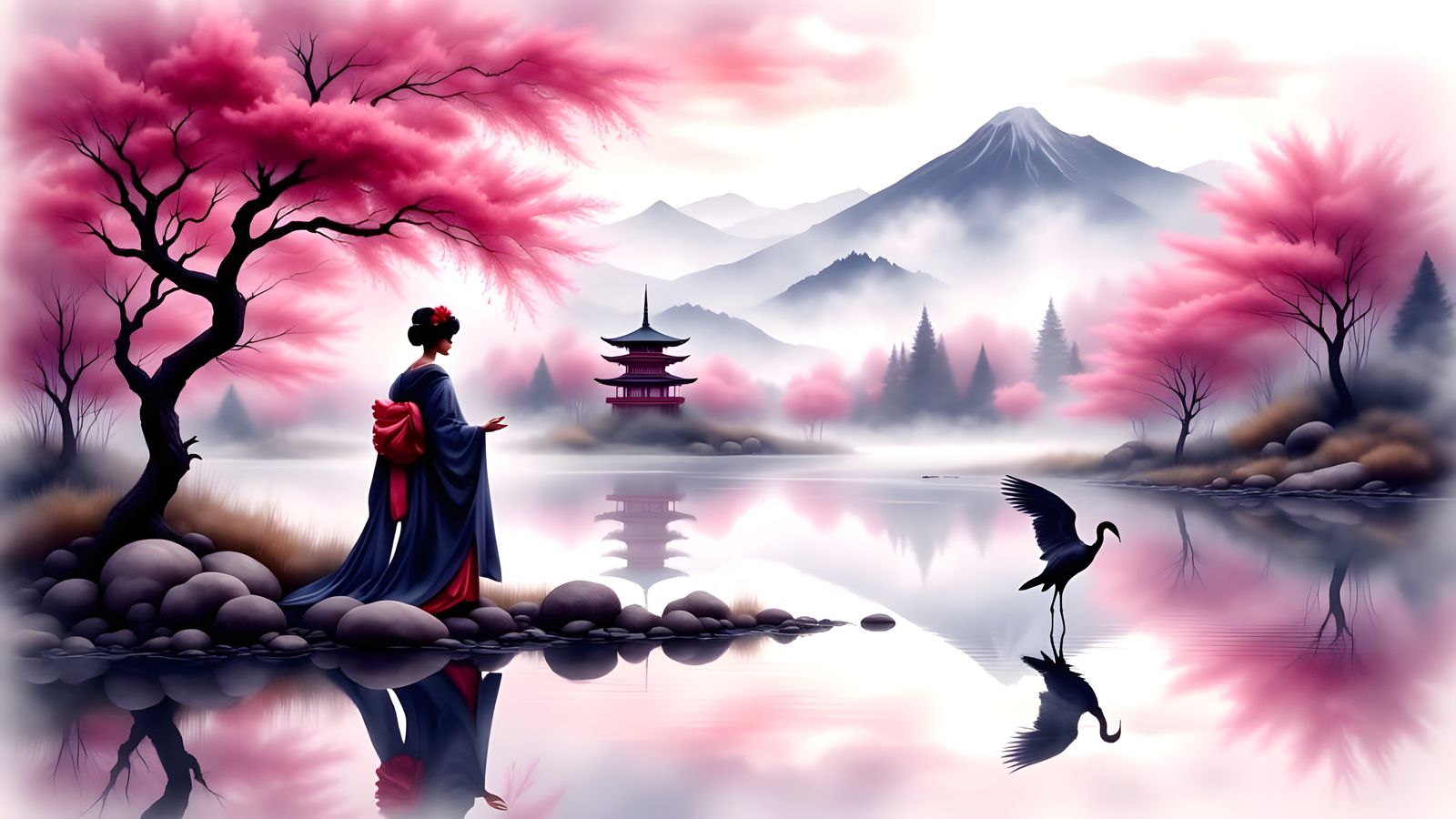 Japanese Sunset Dreamscape with Geisha and Crane
