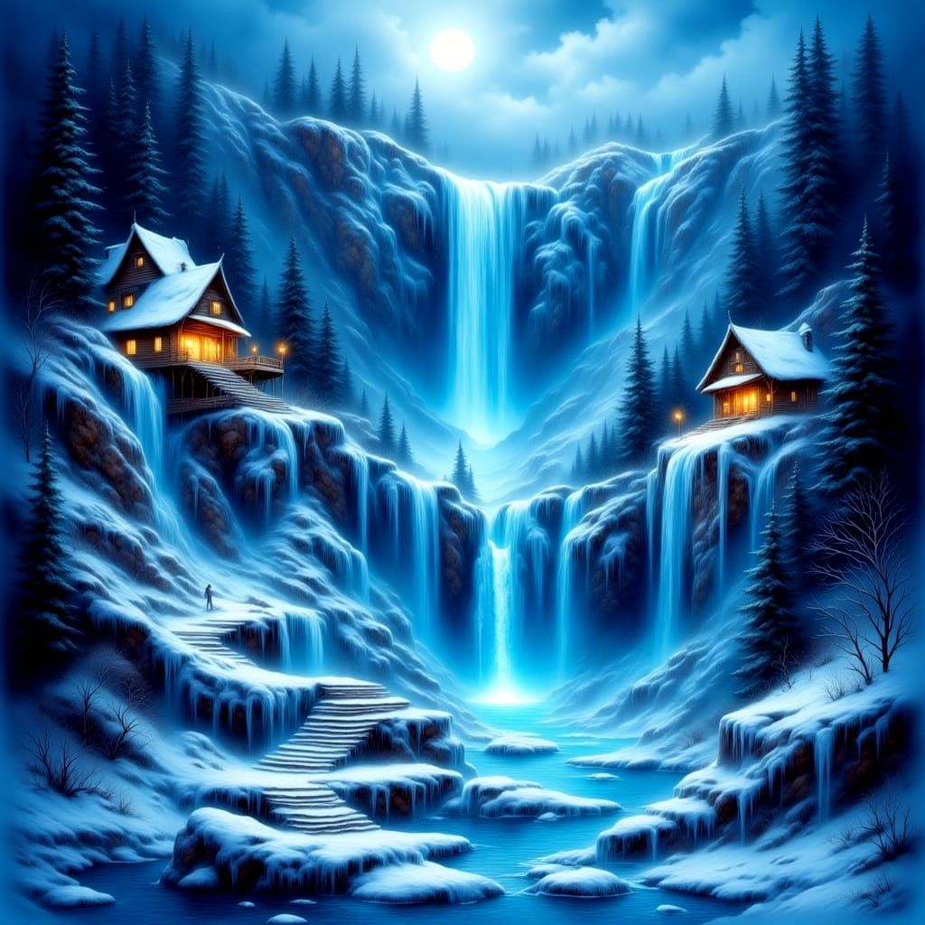 Frozen Waterfall Kingdom with Glowing Cottages