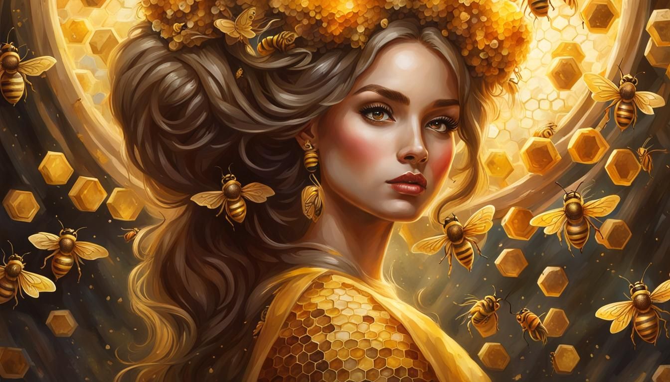 Dancing Bee Girl in Honeycomb Hive Watercolor