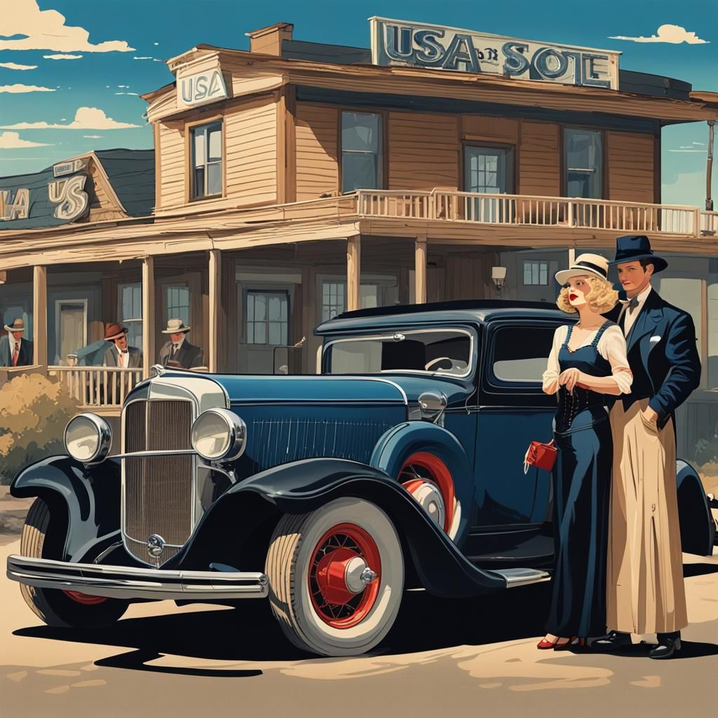 1930s Woman and Gangster by Vintage Car