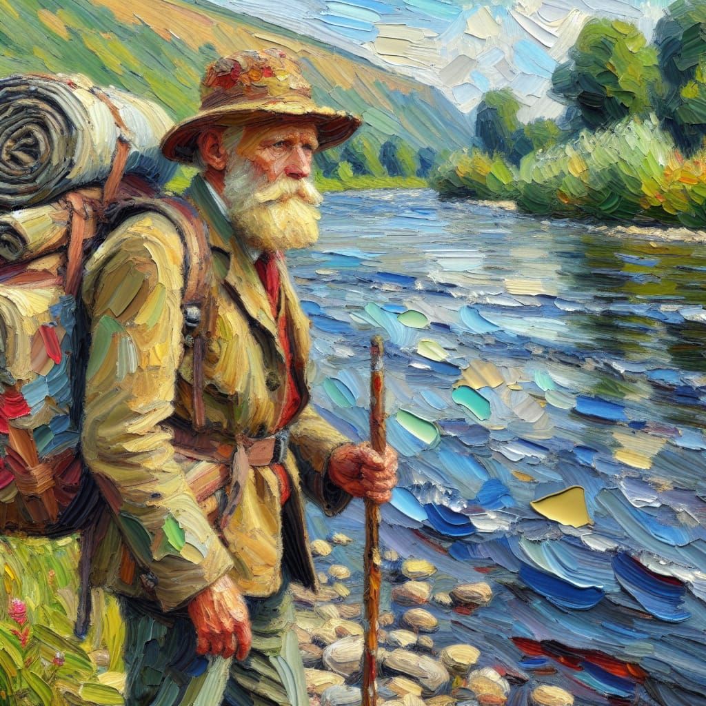 Elderly Hiker by River in Expressionist Style