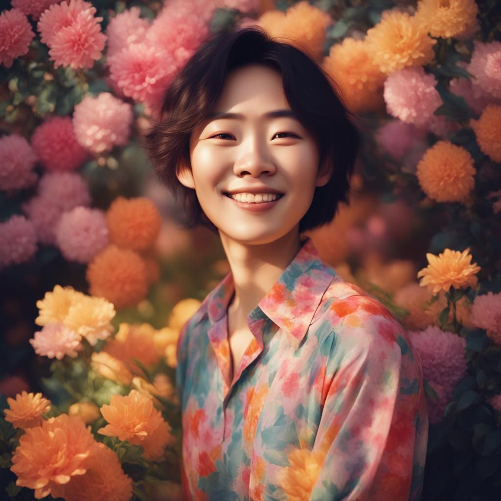 Smiling Asian Model in Floral Shirt, Pastel Illustration