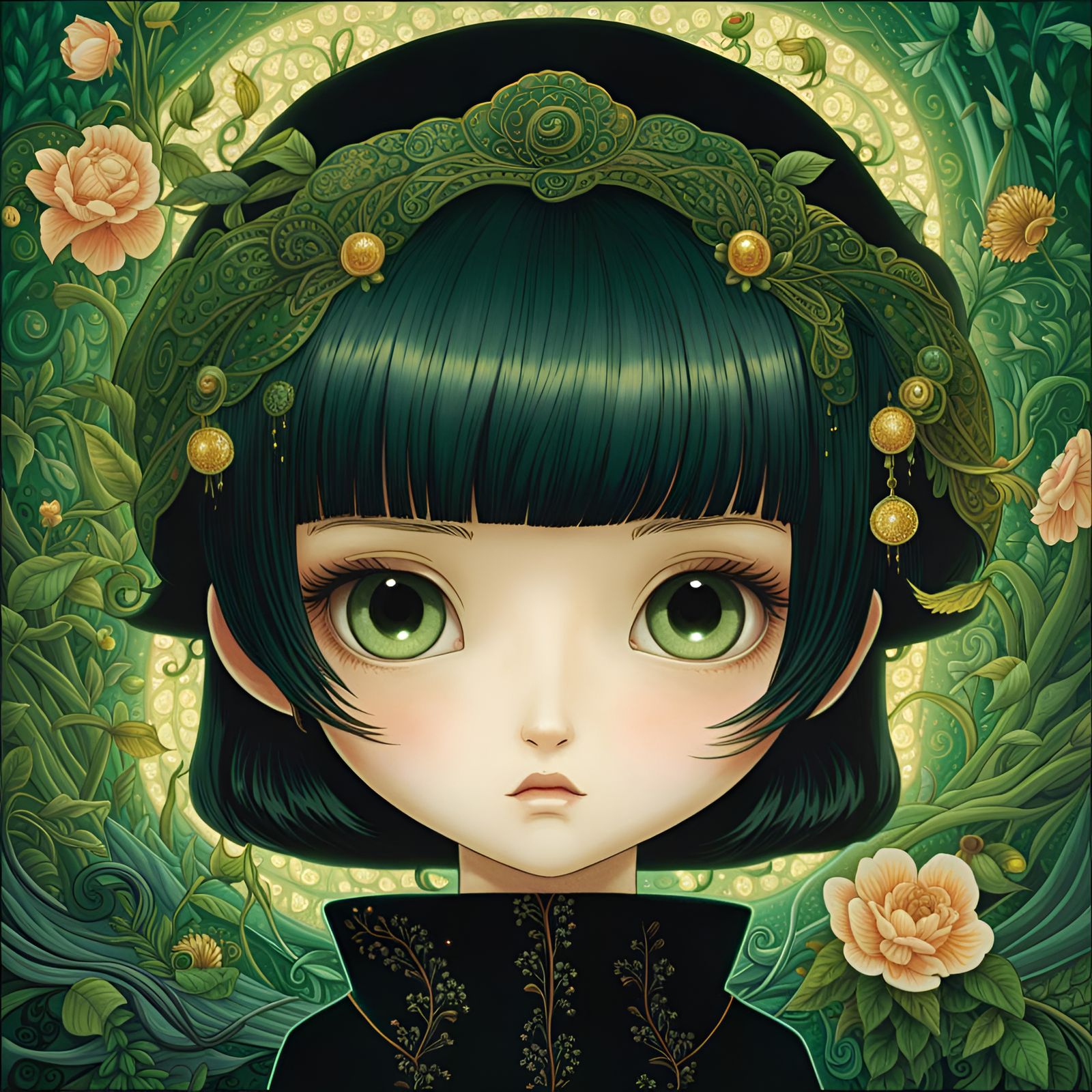 Anime Girl with Green Eyes and Vantablack Magic