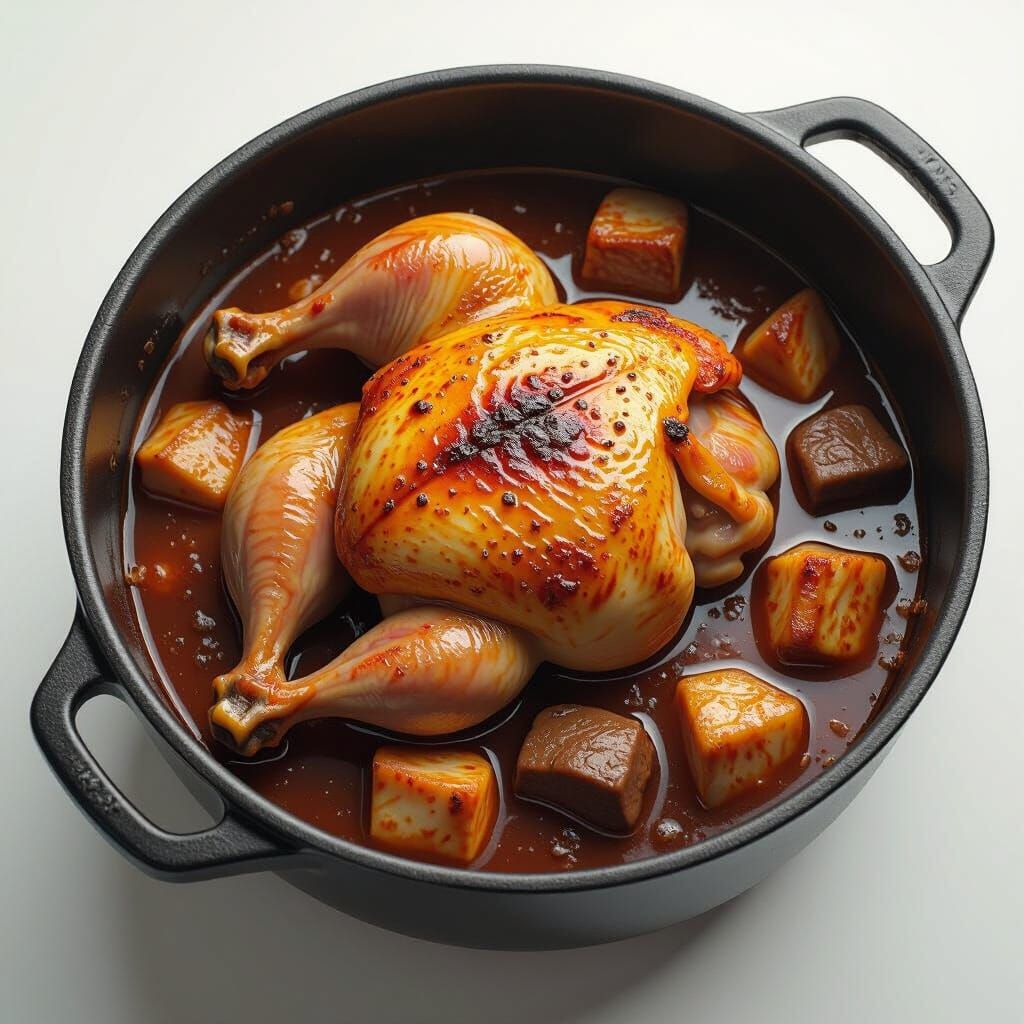 Hyperrealistic Adobo in Pot, Deep Colors