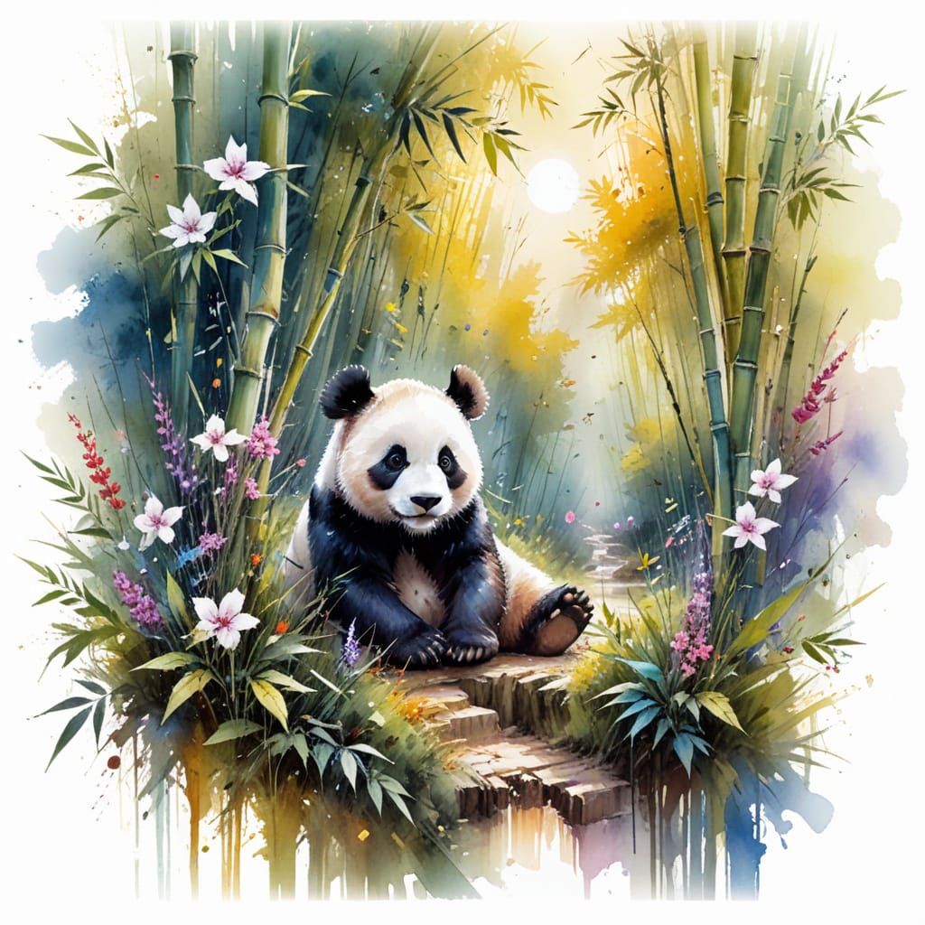 Panda in Vibrant Forest with Blooming Wildflowers