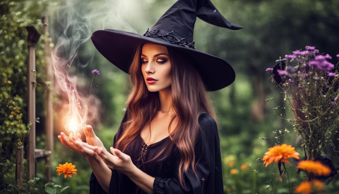 Enchanting Witch Casting Spell in Garden