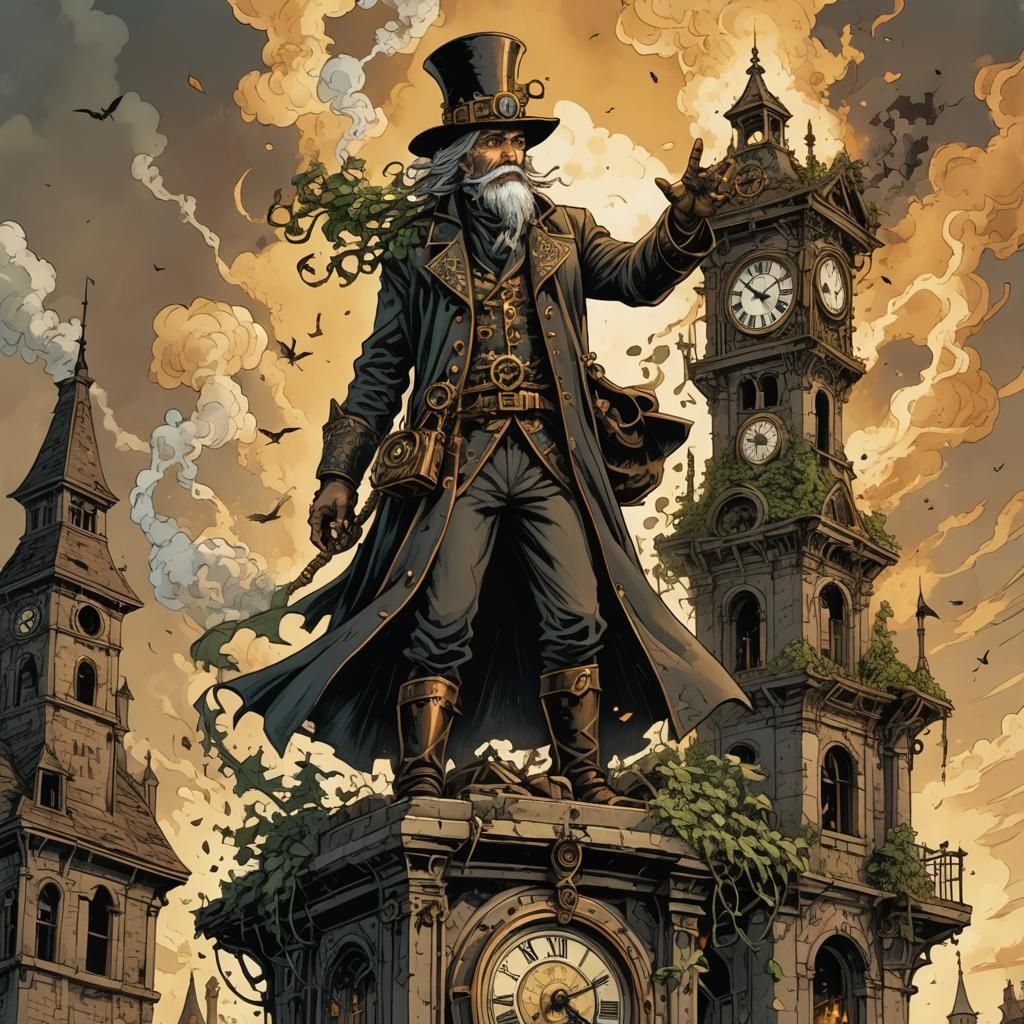 Steampunk Wizard Casting Spellfire Atop Clocktower