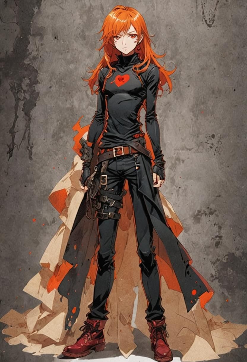 A boy with long, messy, orange hair. He is wearing a black, ...