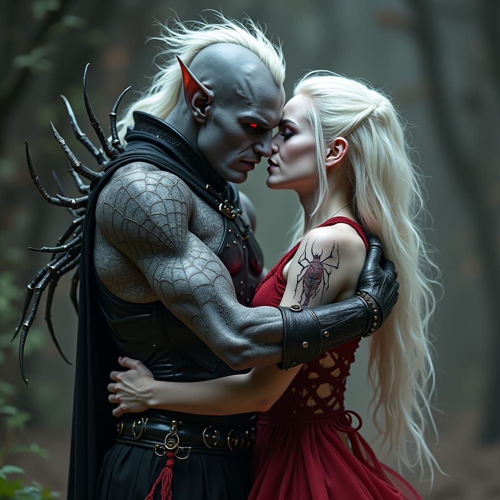 Drow Elves Embrace in Subterranean Tunnel