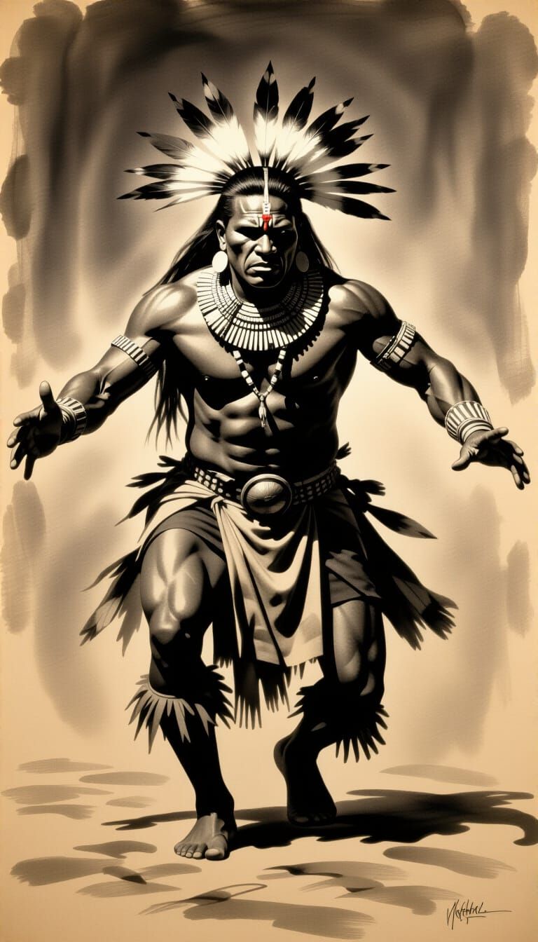 Dramatic Warrior Drawing in Sepia Tones