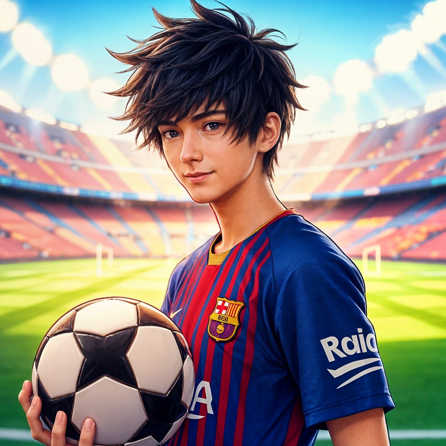 Anime Boy in Barcelona Jersey at Camp Nou