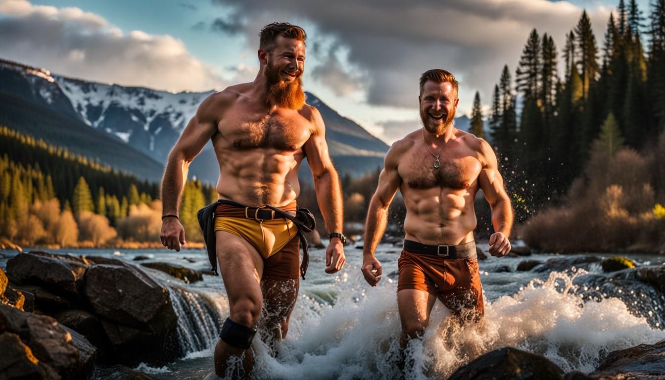 Handsome Cowboys Emerging from River in Hyperrealism