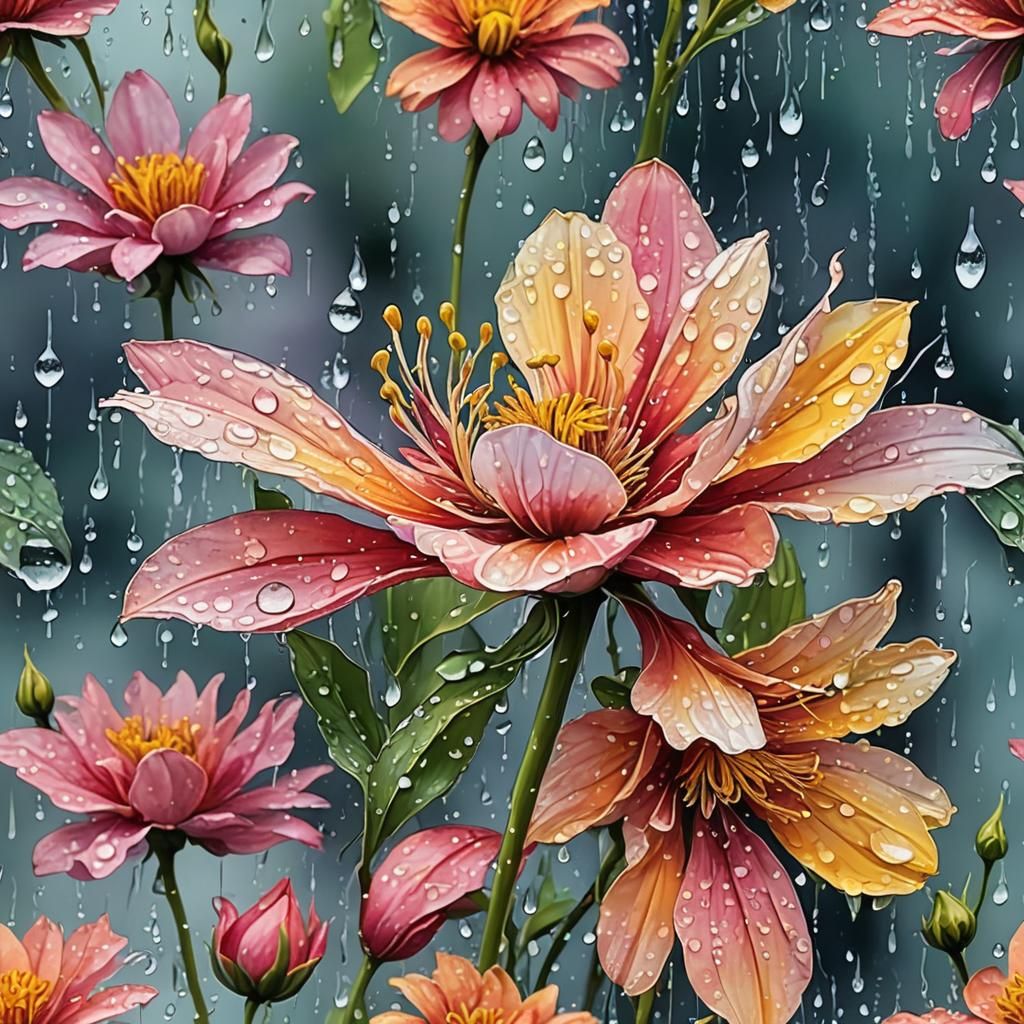 Abstract Flower with Raindrops in Complementary Colors