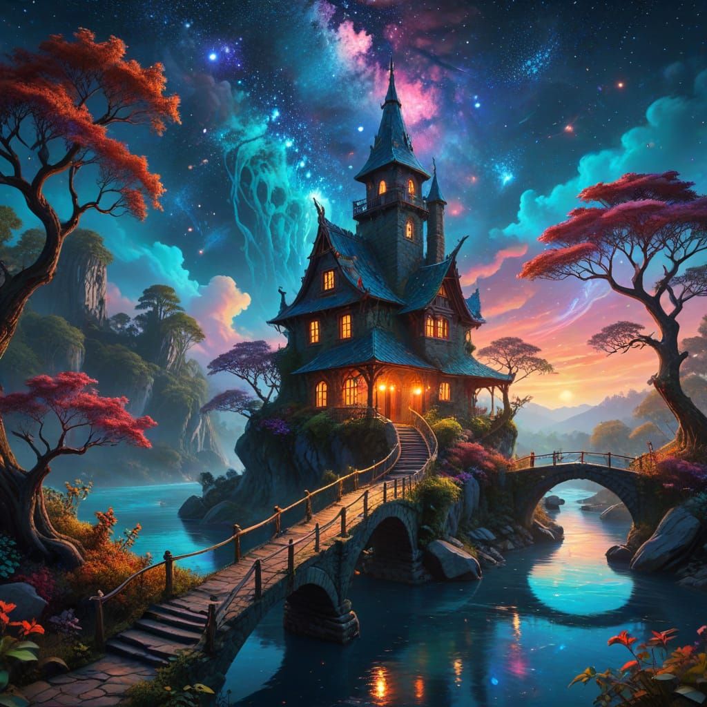 Enchanting Fantasy Tower House on Cosmic River Bridge